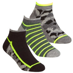 Boys Novelty Camo Design Trainer Liner Socks 3 Pairs Black