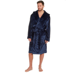 Mens Flannel Fleece Dressing Gown Classic Hooded Robe 3XL 4XL 5XL Blue