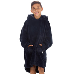 Boys Navy Blue Plain Oversized Blanket Plush Fleece Hoodie with Pockets