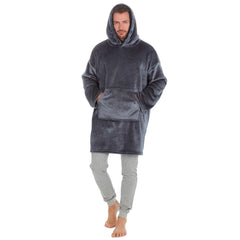 Mens Sherpa Fleece Plush Blanket Oversized Hoodie One Size Charcoal