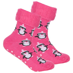 Womens Bed Socks With Anti Slip Grippers Penguin 1 Pair - Pink