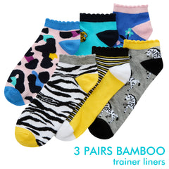 Womens Bamboo Trainer Liner Animal Print Scalloped Edge Ankle Socks