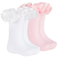 Newborn Baby Girls Tutu Satin Frill Socks White & Pink - 2 Pairs