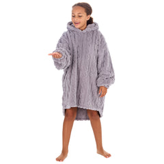 Girls Grey Cable Oversized Blanket Sherpa Fleece Hoodie