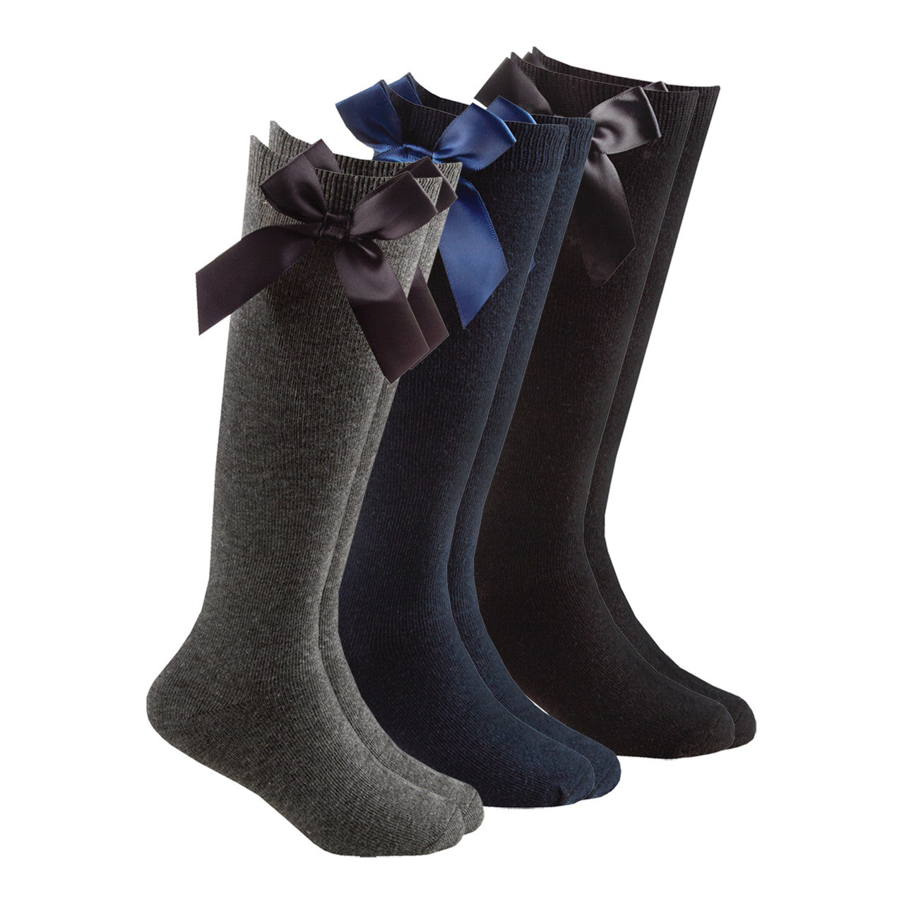 Girls High Knee With Satin Bow Back To School Plain Socks 3 Pairs - Black Grey Navy