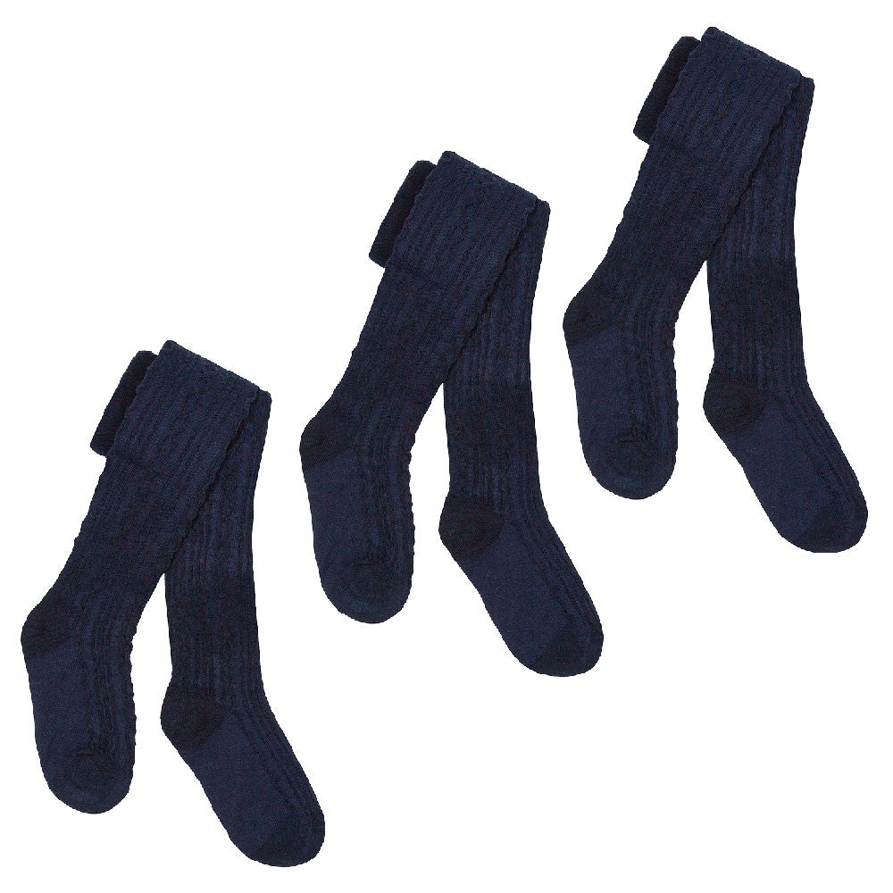 Girls Back To School Warm Cable Knitted Tights Navy 3 Pairs