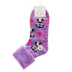 Womens Bed Socks With Anti Slip Grippers Dog 1 Pair - Purple