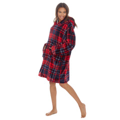 Adults Unisex Sherpa Fleece Oversized Checked Design Hoodie One Size Red