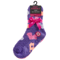Girls Fluffy Sherpa Fleece Slipper Socks with Non Slip Grippers Purple Hearts