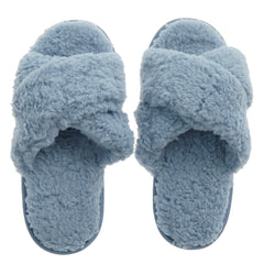 Womens Borg Open Toe Mule Sherpa Fleece Slippers Denim