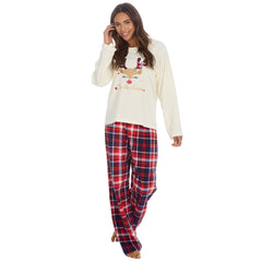 Womans Plush Fleece 2 Piece Reindeer Checked Pant Lounge Set Cream