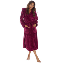 Womans Plush Fleece Dressing Gown Long Length Hooded Robe Burgundy