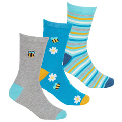 Girls Bee Floral Bee Novelty Bamboo Socks 3 Pairs Blue/Grey