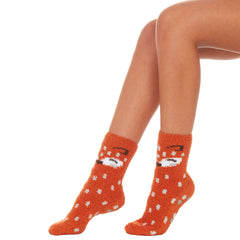 Womens Fluffy Bed Animal Printed Cosy Socks with Grippers