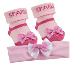 Baby Girl's Socks And Headband Set With Sparkle Bow Pink