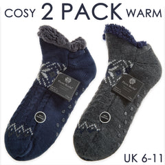 Mens Fluffy Low Cut Sherpa Fleece Slipper Socks with Non Slip Grippers Navy and Grey