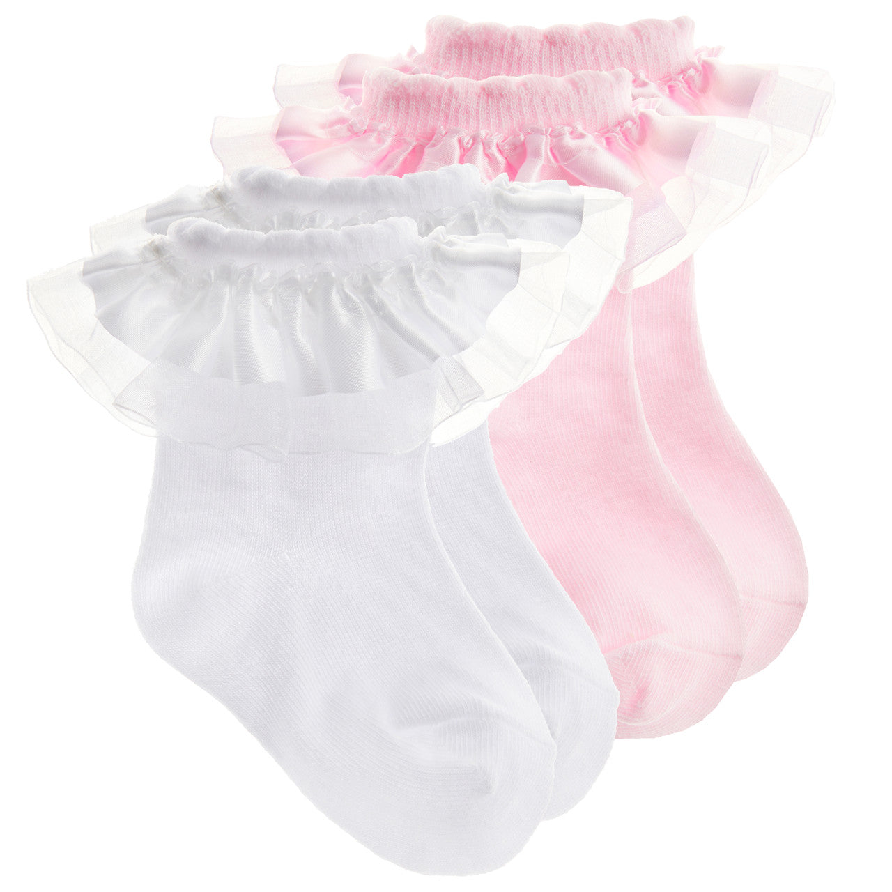 Baby Girls Frilly Socks Toddler Frill Lace Socks White & Pink - 2 Pairs