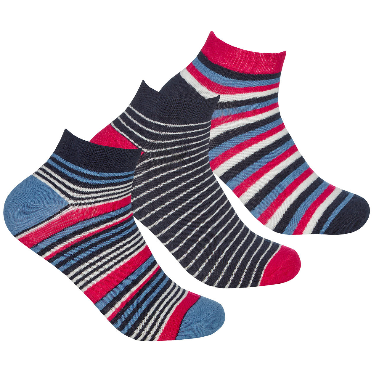 Ladies Trainer Liner Socks Stripes Blue 3 Pairs