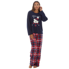 Womans Plush Fleece 2 Piece Polar Bears Checked Pants Lounge Set Navy