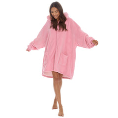 Womens Fleece Borg lining Sherpa Zipped Poncho Hoodie One Size Pink