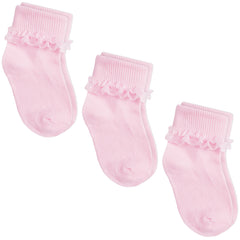 Baby Girls Cute Frilly Ruffle Organza Lace Socks 3 Pairs Pink