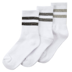 Girls Cotton Rich Sport Socks 3 Pairs White with Grey Stripe