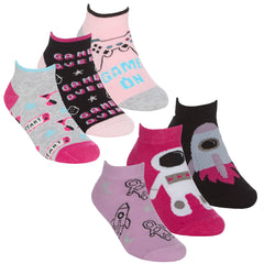 Girls Novelty Trainer Liner Socks Game Space 6 Pairs