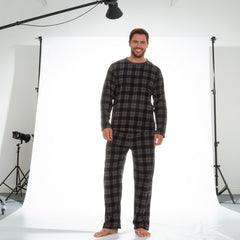 Mens Microfleece Long-Sleeved Pyjamas Checked Design Lounge Sets Black