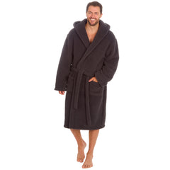 Mens Borg Snuggle Chunky Long Length Hooded Dressing Gown Charcoal