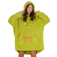 Womens Novelty Grinch Oversized Blanket Hoodie Borg Fleece Green One Size