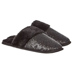 Womens Cosy Shimmer Glitter Mule Slippers Black