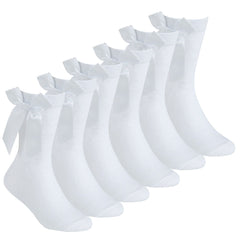 Girls Back To School Uniform Socks With Satin Bows 3 Pairs- White