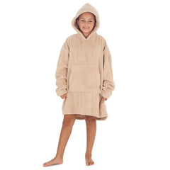 Girls Beige Toffee Plain Oversized Blanket Plush Fleece Hoodie with Pockets