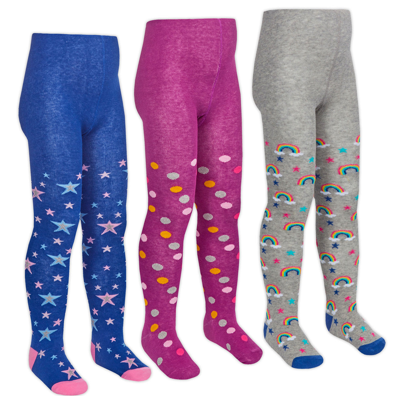 Girls Novelty Design Tights Rainbow Stars - 3 Pairs