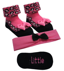 Baby Girl Cute Sock Booties Headband Set Newborn Leopard - Dark Pink