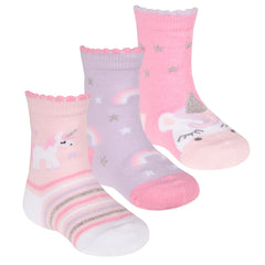 Baby Girls Novelty Socks Scallop Edge Pastel Pink Unicorn - 3 Pairs