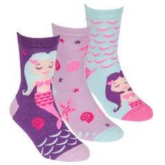 Girls Novelty Cartoon Cute Colourful Socks Purple Mermaid 3 Pairs