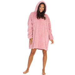 Womens Pink Oversize Hooded Blanket Cable Sherpa Fleece Blanekt Hoodie One Size