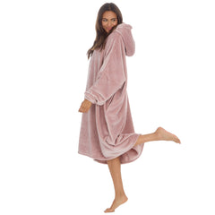 Womens Fleece Longline Knee Length Oversized Hoodie One Size Champagne Pink