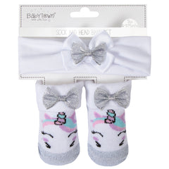 Baby Girls Pink Unicorn Bow Headband With Matching Socks Set Silver