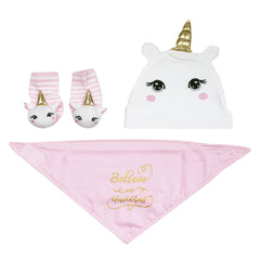 Baby Girls Hat Bib and Rattle Socks Unicorn Set