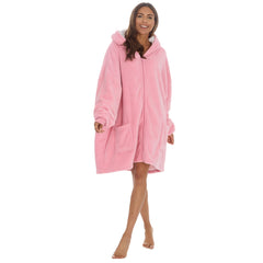 Womens Fleece Borg lining Sherpa Zipped Poncho Hoodie One Size Pink