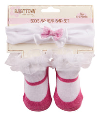 Baby Girl New Cute Frilled Socks And Headband Set Dark Pink