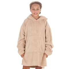 Girls Beige Toffee Plain Oversized Blanket Plush Fleece Hoodie with Pockets