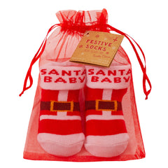 Baby Girls Boys Unisex Christmas Theme Socks With Organza Bag Santa Baby - 1 Pair