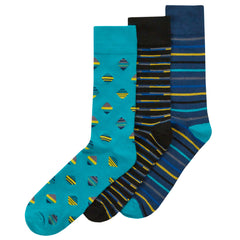 Mens Novelty Bamboo Crew Socks Geometric Design Patterned Mid Calf Socks Blue
