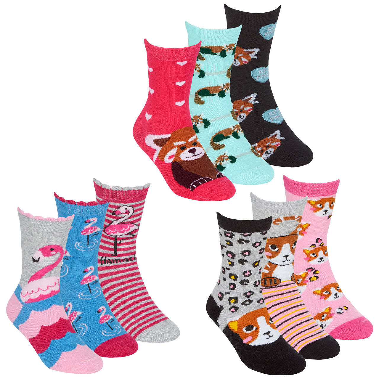 Girls Animal Crew Socks Cat Red Panda Flamingo 9 Pairs