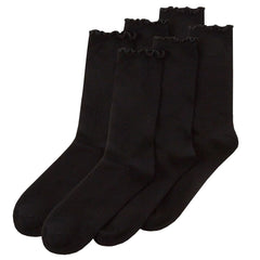 Womens Plain Black Bamboo Crew Socks Ruffle Ripple Top Mid Calf Socks 6 Pairs