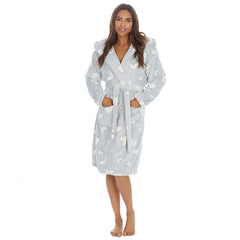 Womans Soft Fleece Dressing Gown Heart Design Hooded Robe Light Grey