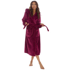 Womans Plush Fleece Dressing Gown Long Length Hooded Robe Burgundy